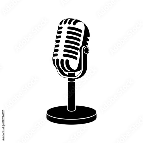 A classic vintage microphone on a stand with retro grille design, perfect for podcast logos, recording studio branding, rock band merch, radio station icons