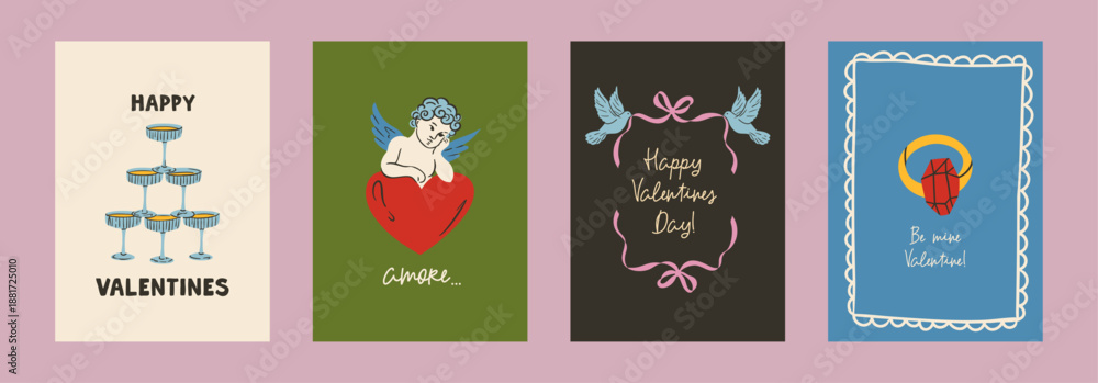 Fototapeta premium Romantic vintage poster illustration with hearts, bows, doves, cake and champagne. Cute whimsical Valentine’s Day and wedding design for greeting cards, menus, save the date, postcards, wall art
