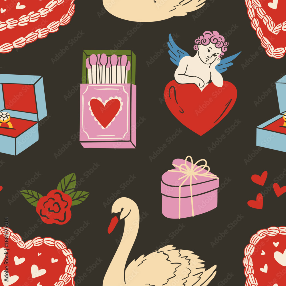Fototapeta premium Seamless romantic doodle pattern with hearts, bows, doves, cakes and drinks. Cute vintage coquette illustration for Valentine’s Day, weddings and gifts. Trendy feminine design for wallpaper.