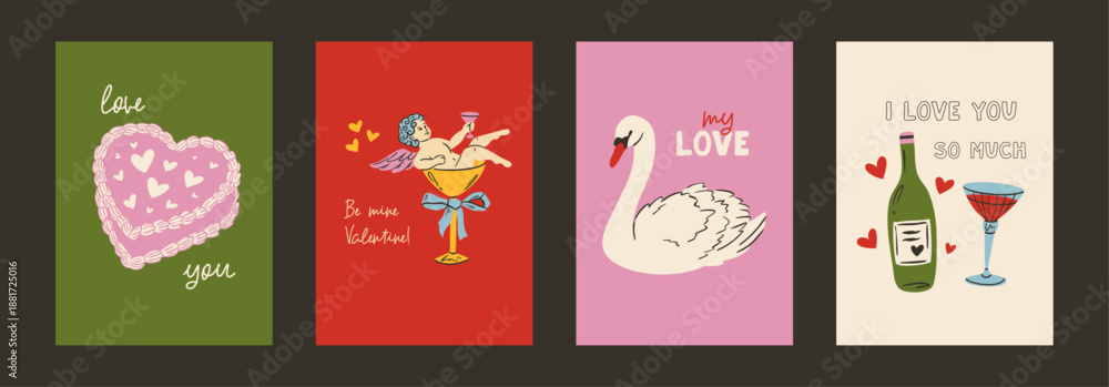 Fototapeta premium Romantic vintage poster illustration with hearts, bows, doves, cake and champagne. Cute whimsical Valentine’s Day and wedding design for greeting cards, menus, save the date, postcards, wall art