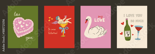   Romantic vintage poster illustration with hearts, bows, doves, cake and champagne. Cute whimsical Valentine’s Day and wedding design for greeting cards, menus, save the date, postcards, wall art