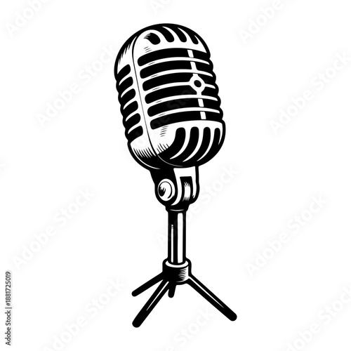 A classic vintage microphone on a stand with retro grille design, perfect for podcast logos, recording studio branding, rock band merch, radio station icons