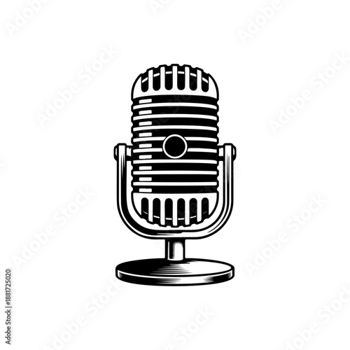 A classic vintage microphone on a stand with retro grille design, perfect for podcast logos, recording studio branding, rock band merch, radio station icons