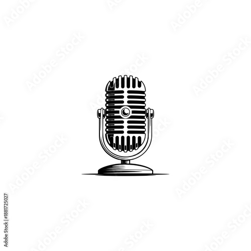 A classic vintage microphone on a stand with retro grille design, perfect for podcast logos, recording studio branding, rock band merch, radio station icons