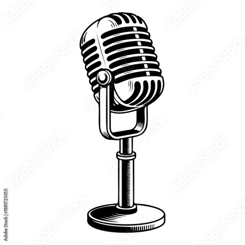 A classic vintage microphone on a stand with retro grille design, perfect for podcast logos, recording studio branding, rock band merch, radio station icons
