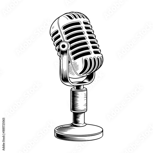 A classic vintage microphone on a stand with retro grille design, perfect for podcast logos, recording studio branding, rock band merch, radio station icons