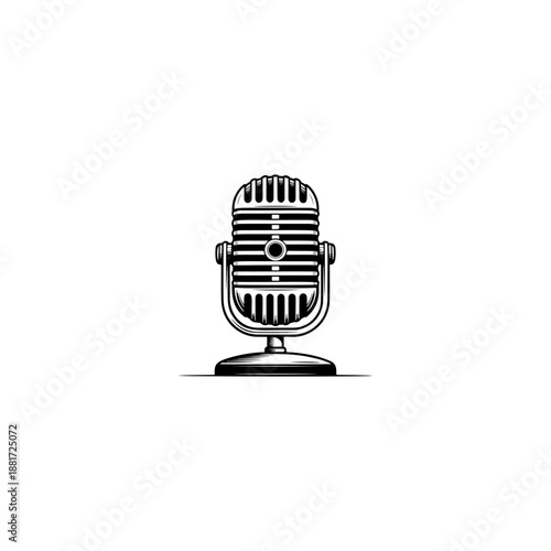 A classic vintage microphone on a stand with retro grille design, perfect for podcast logos, recording studio branding, rock band merch, radio station icons