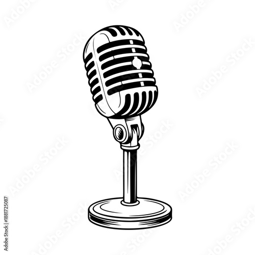 A classic vintage microphone on a stand with retro grille design, perfect for podcast logos, recording studio branding, rock band merch, radio station icons