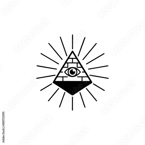 A radiant pyramid with all-seeing eye at the apex, surrounded by glowing rays, perfect for conspiracy merch, occult logos, cryptocurrency brands