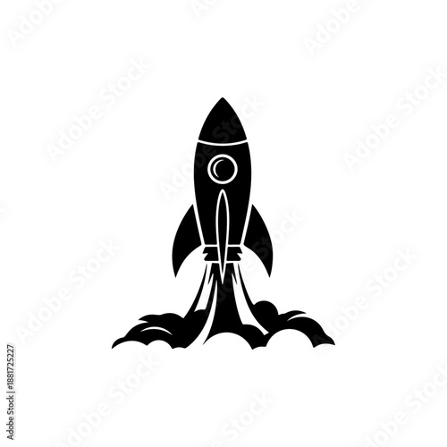 A dynamic rocket launching with fiery exhaust trail and porthole window, ideal for space startups, tech innovation brands, crypto mooning memes, gaming logos and motivational fitness apparel.