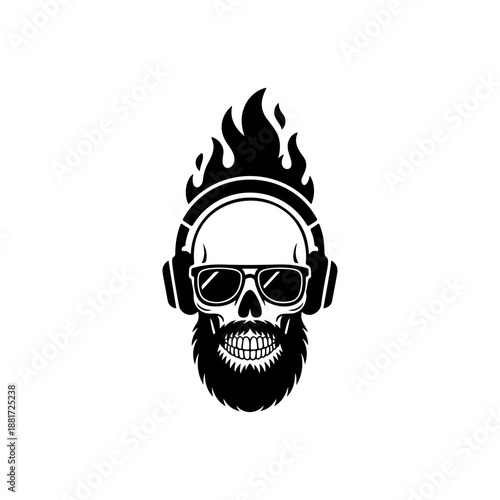 A fiery skull with flaming mohawk, oversized headphones, aviator sunglasses and grinning bearded jaw, perfect for EDM festival merch, DJ branding