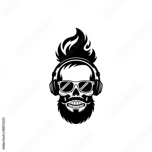 A fiery skull with flaming mohawk, oversized headphones, aviator sunglasses and grinning bearded jaw, perfect for EDM festival merch, DJ branding