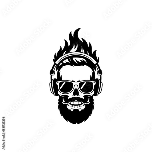 A fiery skull with flaming mohawk, oversized headphones, aviator sunglasses and grinning bearded jaw, perfect for EDM festival merch, DJ branding