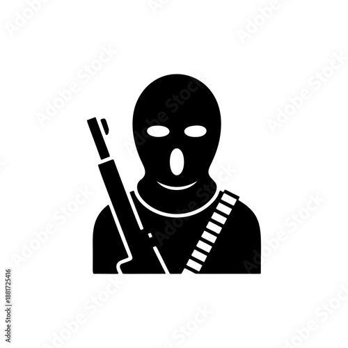 A masked figure in striped shirt with shoulder-slung rifle, ski mask covering face revealing intense eyes and open mouth, perfect for tactical gear brands, airsoft team logos, survivalist apparel