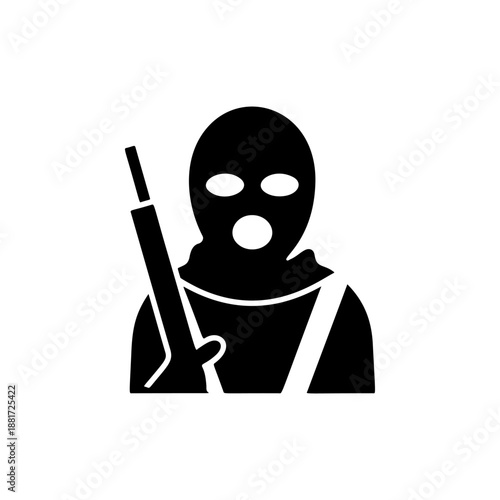 A masked figure in striped shirt with shoulder-slung rifle, ski mask covering face revealing intense eyes and open mouth, perfect for tactical gear brands, airsoft team logos, survivalist apparel