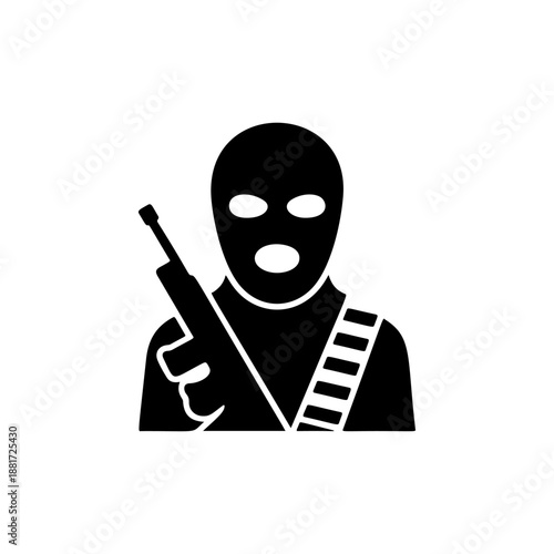 A masked figure in striped shirt with shoulder-slung rifle, ski mask covering face revealing intense eyes and open mouth, perfect for tactical gear brands, airsoft team logos, survivalist apparel