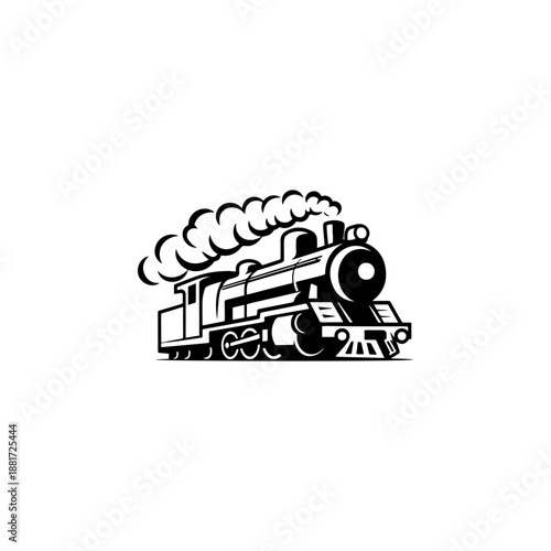 A classic steam locomotive chugging forward with billowing smoke from the stack, detailed wheels and passenger cars, perfect for railroad heritage brands, toy train logos, adventure travel merch