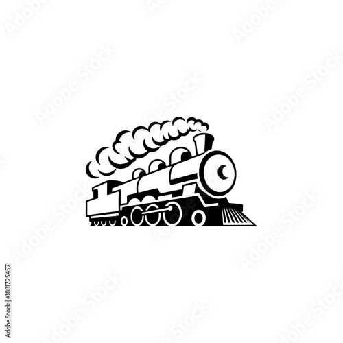 A classic steam locomotive chugging forward with billowing smoke from the stack, detailed wheels and passenger cars, perfect for railroad heritage brands, toy train logos, adventure travel merch