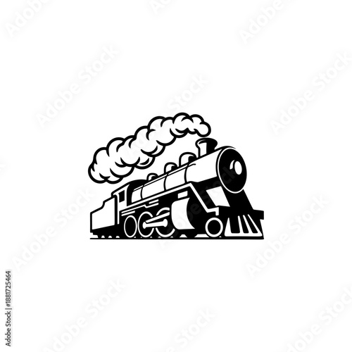 A classic steam locomotive chugging forward with billowing smoke from the stack, detailed wheels and passenger cars, perfect for railroad heritage brands, toy train logos, adventure travel merch