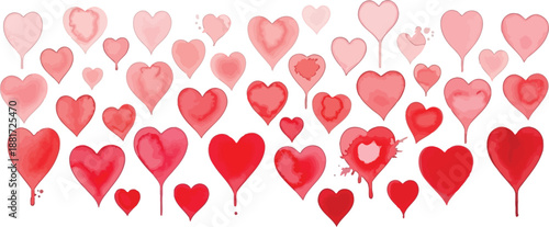 A beautiful collection of hand-painted watercolor hearts in shades of pink and red, scattered across a white background, perfect for romantic themes and celebrations.