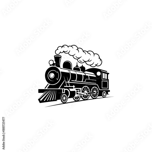 A classic steam locomotive chugging forward with billowing smoke from the stack, detailed wheels and passenger cars, perfect for railroad heritage brands, toy train logos, adventure travel merch
