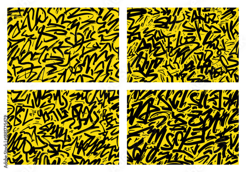 Abstract graffiti-style vector pattern set with bold black handwritten marks on yellow backgrounds, delivering high-contrast urban textures for contemporary graphic and poster design.