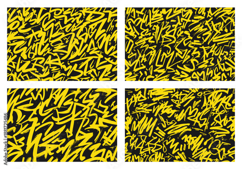 Abstract graffiti-style vector pattern set with bold yellow handwritten marks on black backgrounds, creating high-contrast urban textures for contemporary graphic design.