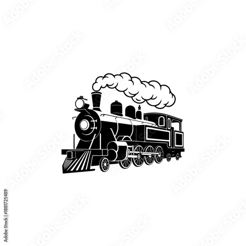 A classic steam locomotive chugging forward with billowing smoke from the stack, detailed wheels and passenger cars, perfect for railroad heritage brands, toy train logos, adventure travel merch