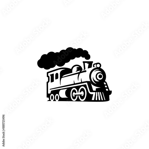 A classic steam locomotive chugging forward with billowing smoke from the stack, detailed wheels and passenger cars, perfect for railroad heritage brands, toy train logos, adventure travel merch
