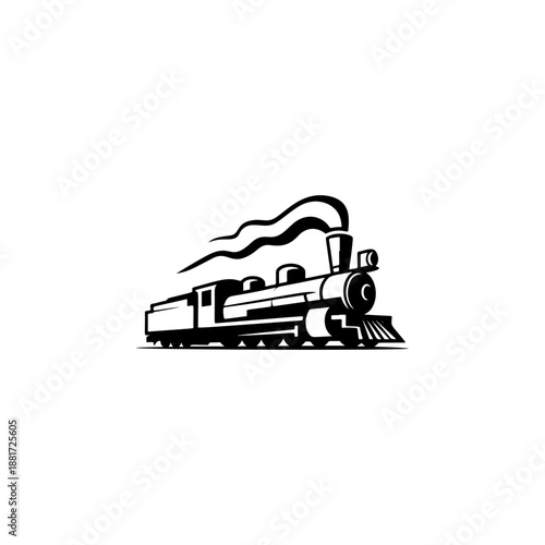A classic steam locomotive chugging forward with billowing smoke from the stack, detailed wheels and passenger cars, perfect for railroad heritage brands, toy train logos, adventure travel merch