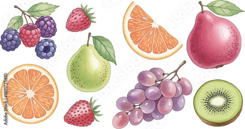 A vibrant collection of fresh, healthy fruits, including juicy berries, sweet strawberries, ripe pears, zesty oranges, luscious grapes, and refreshing kiwi slices.