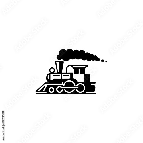 A classic steam locomotive chugging forward with billowing smoke from the stack, detailed wheels and passenger cars, perfect for railroad heritage brands, toy train logos, adventure travel merch