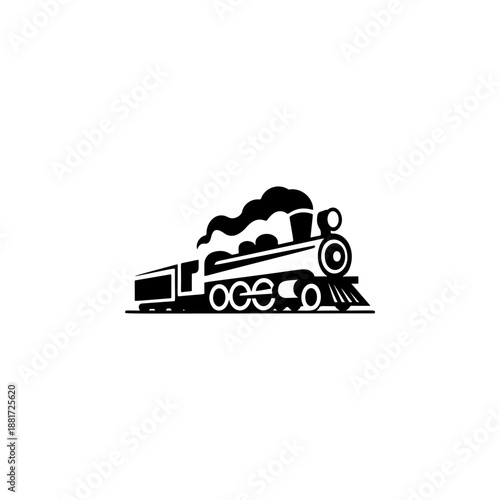 A classic steam locomotive chugging forward with billowing smoke from the stack, detailed wheels and passenger cars, perfect for railroad heritage brands, toy train logos, adventure travel merch