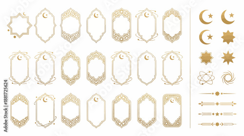 Islamic Geometric Vector Frames and Icons – Gold Ornamental Shapes, Crescent Moons, Stars, Arrows for Ramadan, Eid, Logo Design, Cultural Art, and Decoration