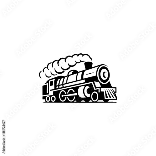 A classic steam locomotive chugging forward with billowing smoke from the stack, detailed wheels and passenger cars, perfect for railroad heritage brands, toy train logos, adventure travel merch