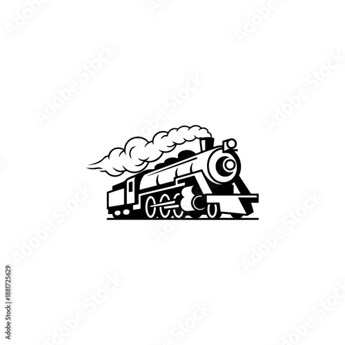 A classic steam locomotive chugging forward with billowing smoke from the stack, detailed wheels and passenger cars, perfect for railroad heritage brands, toy train logos, adventure travel merch
