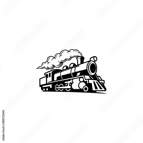 A classic steam locomotive chugging forward with billowing smoke from the stack, detailed wheels and passenger cars, perfect for railroad heritage brands, toy train logos, adventure travel merch