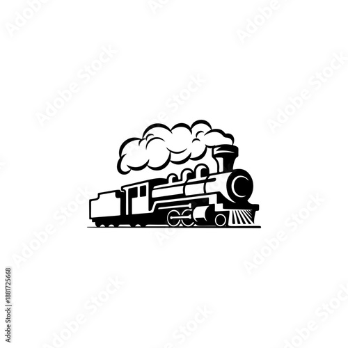 A classic steam locomotive chugging forward with billowing smoke from the stack, detailed wheels and passenger cars, perfect for railroad heritage brands, toy train logos, adventure travel merch