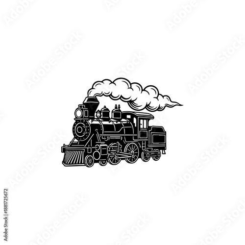 A classic steam locomotive chugging forward with billowing smoke from the stack, detailed wheels and passenger cars, perfect for railroad heritage brands, toy train logos, adventure travel merch