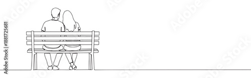 Continuous one line drawing of a couple sitting on a park bench, embracing and enjoying a romantic moment from behind
