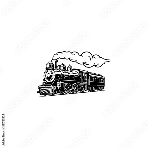 A classic steam locomotive chugging forward with billowing smoke from the stack, detailed wheels and passenger cars, perfect for railroad heritage brands, toy train logos, adventure travel merch