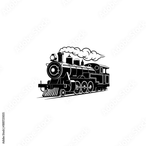 A classic steam locomotive chugging forward with billowing smoke from the stack, detailed wheels and passenger cars, perfect for railroad heritage brands, toy train logos, adventure travel merch