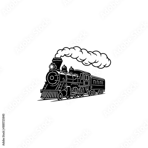 A classic steam locomotive chugging forward with billowing smoke from the stack, detailed wheels and passenger cars, perfect for railroad heritage brands, toy train logos, adventure travel merch