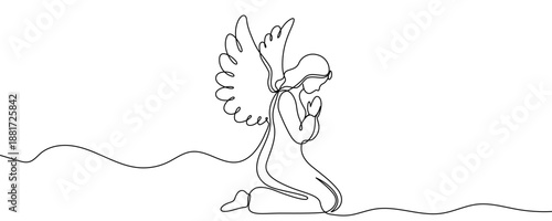 One continuous line of an angel kneeling in prayer. Line art of a heavenly being with wings and folded hands. Drawing in one line style with a black stroke. Vector illustration.