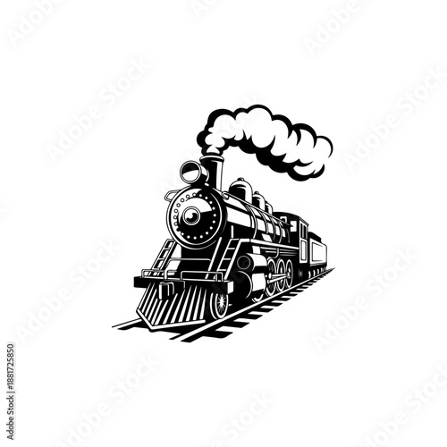 A classic steam locomotive chugging forward with billowing smoke from the stack, detailed wheels and passenger cars, perfect for railroad heritage brands, toy train logos, adventure travel merch