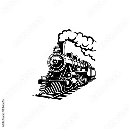 A classic steam locomotive chugging forward with billowing smoke from the stack, detailed wheels and passenger cars, perfect for railroad heritage brands, toy train logos, adventure travel merch