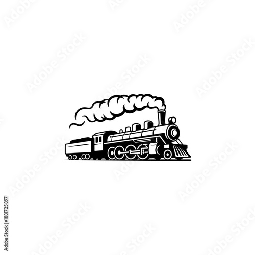 A classic steam locomotive chugging forward with billowing smoke from the stack, detailed wheels and passenger cars, perfect for railroad heritage brands, toy train logos, adventure travel merch