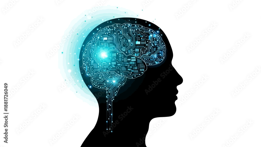 Obraz premium Artificial intelligence and machine learning concept. Human brain with digital circuit lines and data nodes vector illustration.