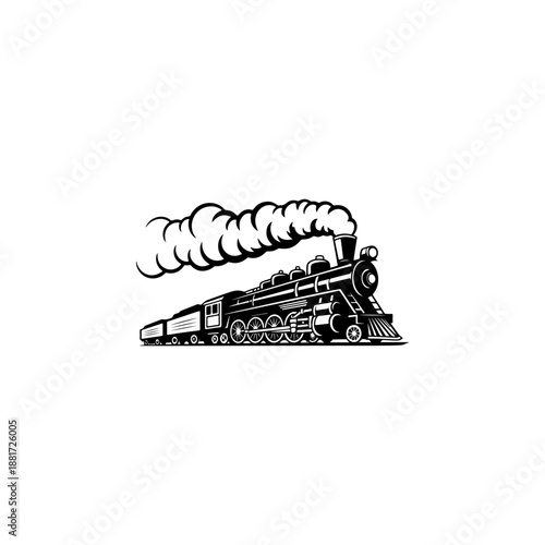 A classic steam locomotive chugging forward with billowing smoke from the stack, detailed wheels and passenger cars, perfect for railroad heritage brands, toy train logos, adventure travel merch