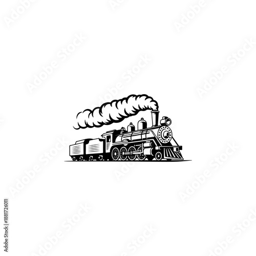 A classic steam locomotive chugging forward with billowing smoke from the stack, detailed wheels and passenger cars, perfect for railroad heritage brands, toy train logos, adventure travel merch